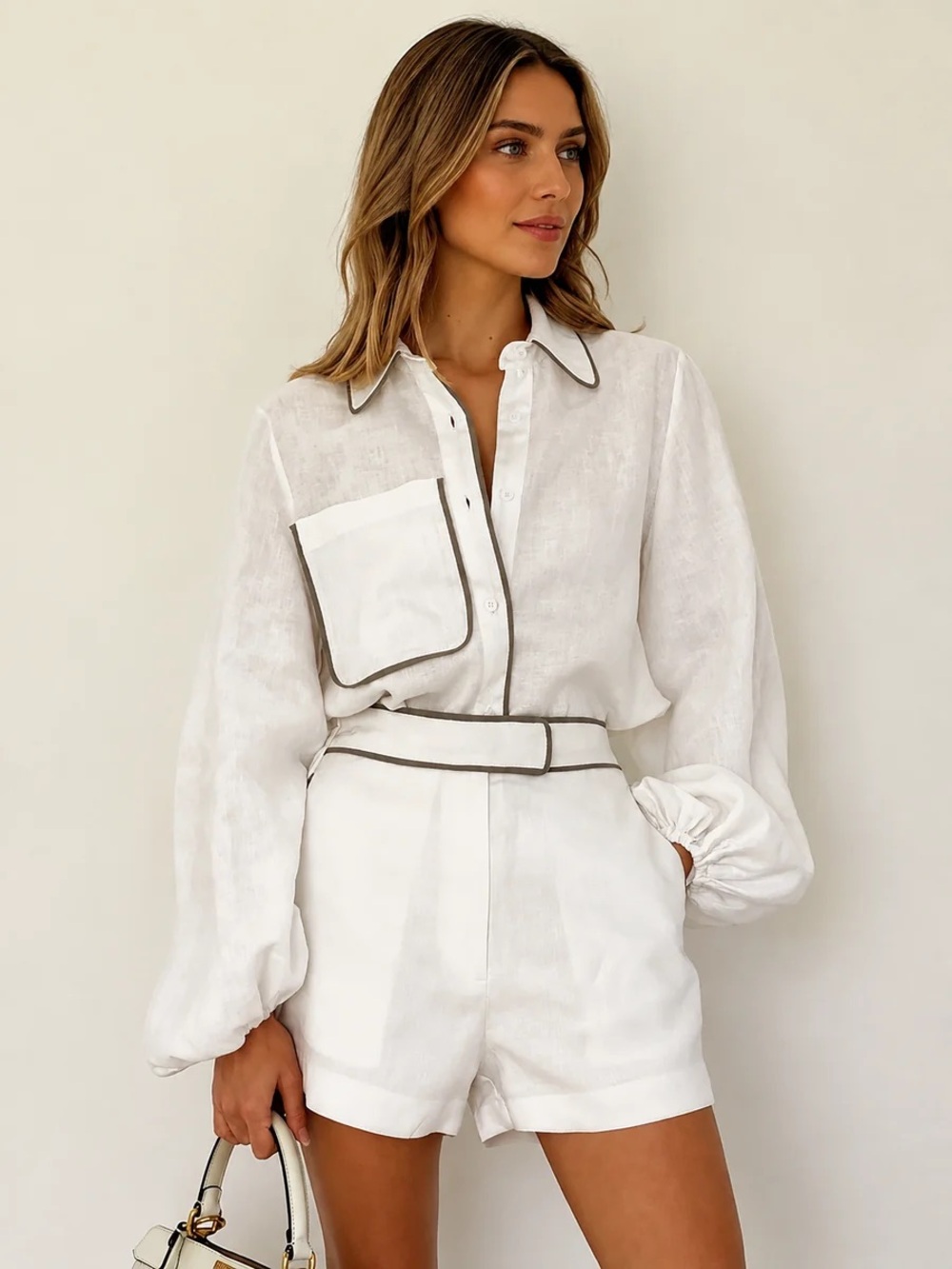Commense Women's White Two-Piece Jacket & Short Set with Contrast Piping